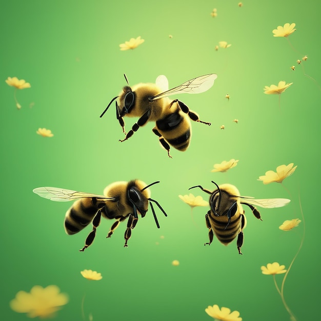 A couple of bees flying next to each other on a green and yellow background generated by AI