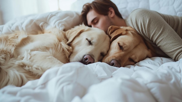 couple and big dog sleeping together in white bed at home