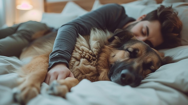 couple and big dog sleeping together in white bed at home