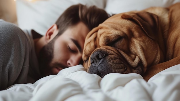 couple and big dog sleeping together in white bed at home