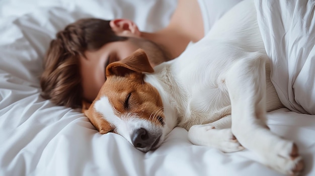 couple and big dog sleeping together in white bed at home