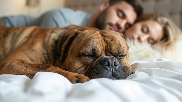 couple and big dog sleeping together in white bed at home