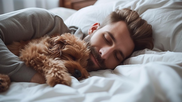 couple and big dog sleeping together in white bed at home