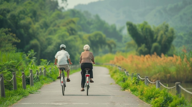 A couple bike rides along a country road enjoying a scenic outdoor adventure