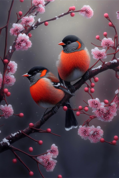 Couple of birds sitting on top of a tree branch generative ai