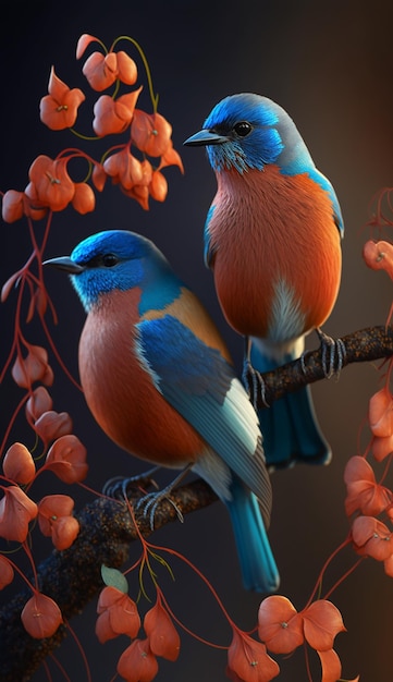 Couple of birds sitting on top of a tree branch generative ai