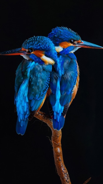 a couple of birds with blue and orange feathers on their heads