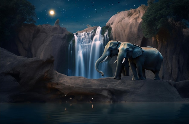 Couple of black elephants near waterfall in night Generative AI