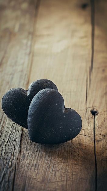 A couple of black hearts sitting on top of a wooden