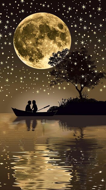 a couple in a boat with the moon in the background