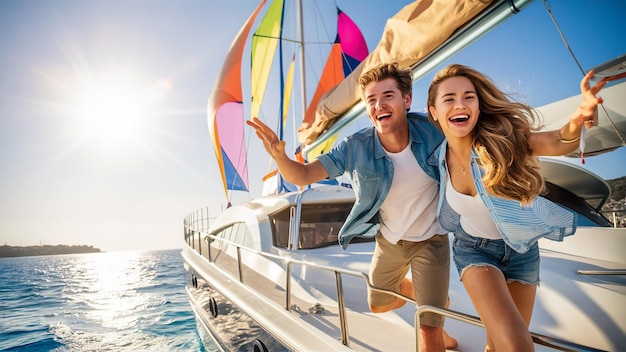 a couple on a boat with a sail and a man wearing a blue shirt