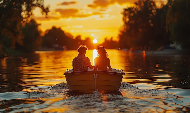 Photo a couple in a boat with the sun behind them