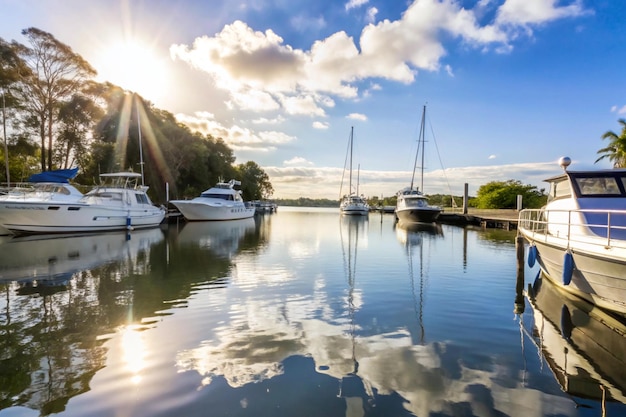 Photo a couple of boats are docked at a marina with the sun shining on the water