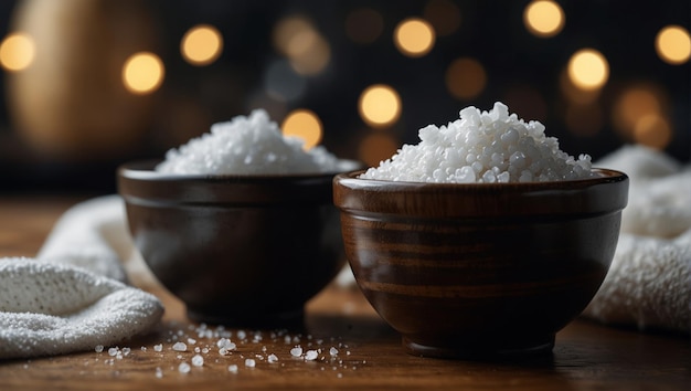 A couple of bowls filled with salt and a towel