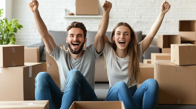 Photo a couple in a box with the words happy and happy on the front