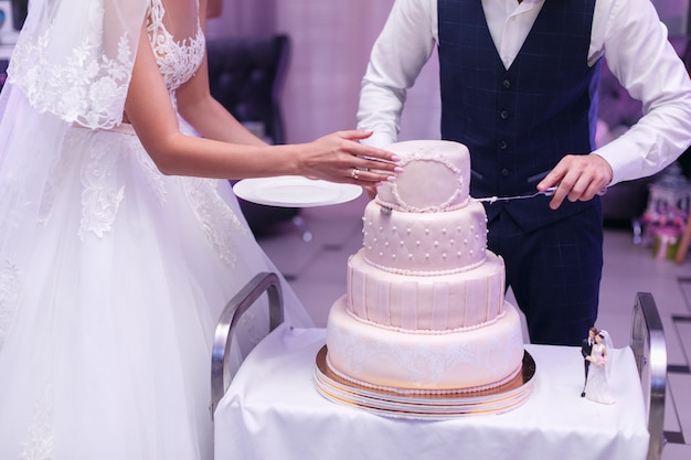 couple bride and groom cut the wedding cake in restaurant close up. white festive cake decorated with a mastic on the table