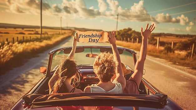 Photo a couple in a car with a sign that says friendship day