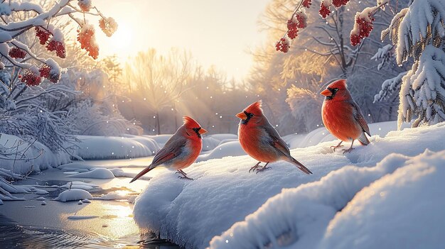 a couple of cardinals are standing on a frozen pond