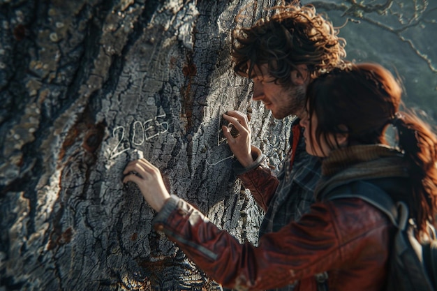 Couple carving their initials into a tree trunk oc