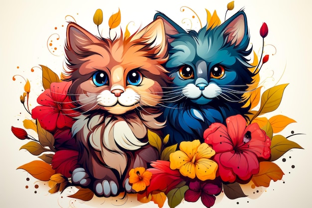 Couple of cats sitting next to each other on top of flowers Generative AI