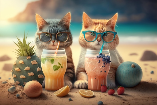 Couple of cats wearing glasses with fresh juice and fruits on beach backgroundsummer concept photo generative ai