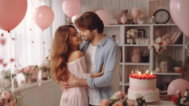 Couple celebrating a birthday with a cake and balloons