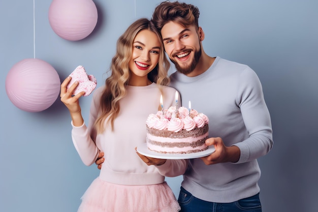 A couple celebrating a birthday with a cake and candles