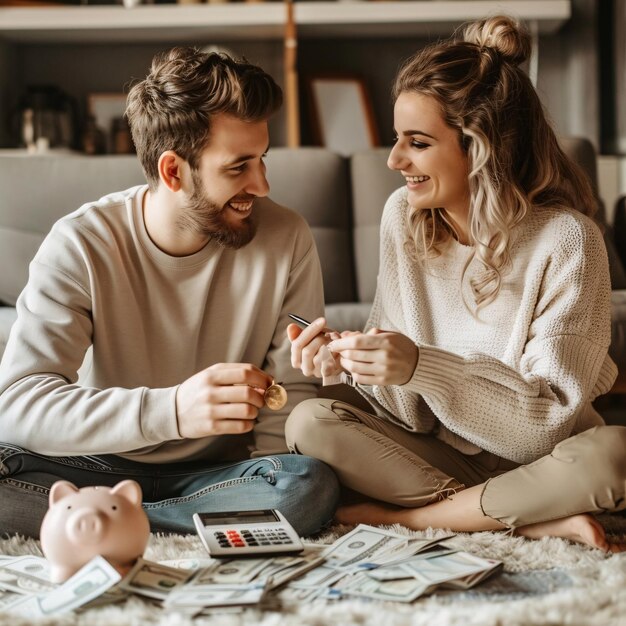 Couple Celebrating Financial Goals with Savings Jar and Money