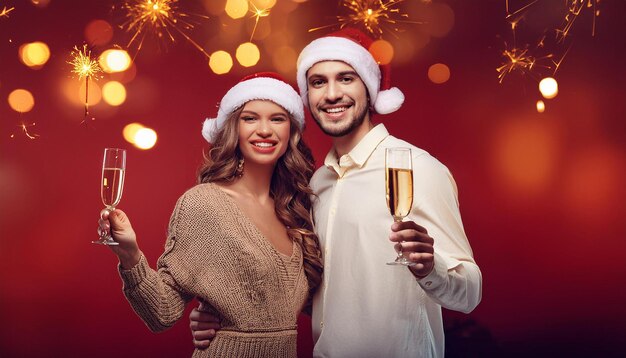 Photo a couple celebrating new year with champagne and sparklers