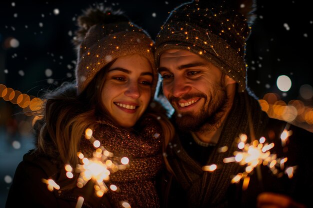 Photo couple celebrating new years eve with sparklers in winter