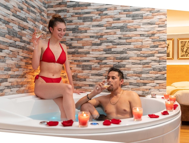 Couple celebrating a romantic evening for Valentine's Day in a hotel with a jacuzzi.