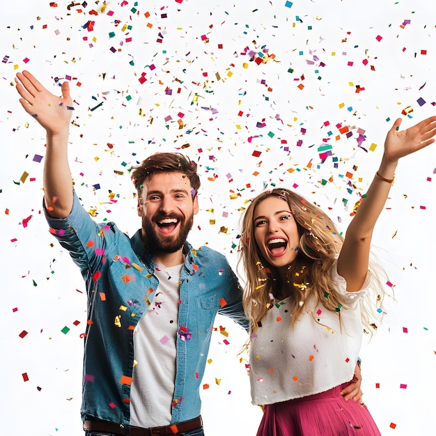 Photo couple celebrating with confetti isolated on white background photo