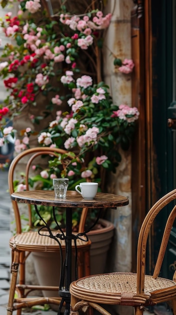 Photo a couple of chairs sitting next to a table with a cup of coffee on it and beautiful flowers travelin