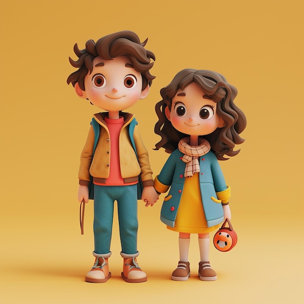 a couple of children standing next to each other with a keychain in the background