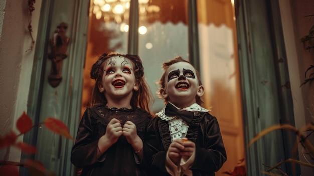 Photo a couple of children with their faces painted like clowns