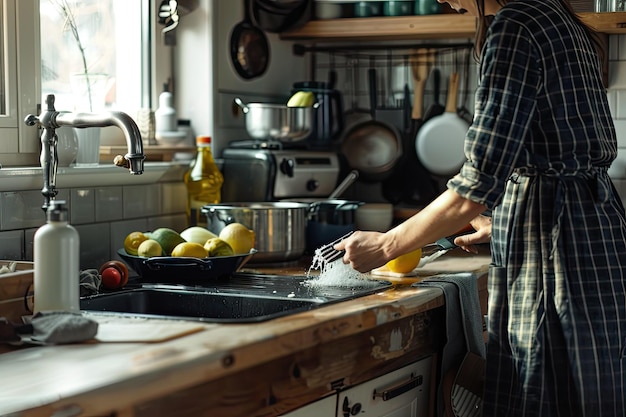 Photo couple cleaning utensils in kitchen at home