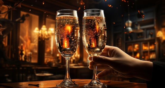 Couple clink glasses of champagne toast and celebrate together New year 2021 3D