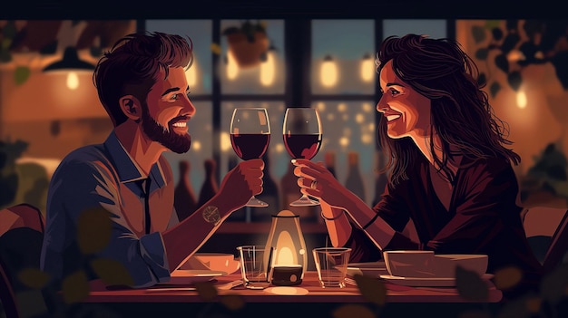 Photo couple clinking glasses of wine during a romantic dinner