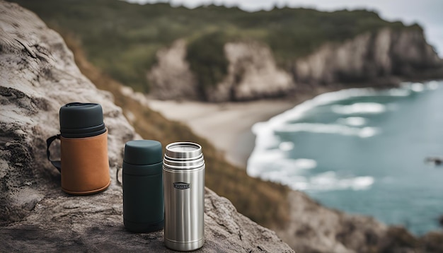 a couple of coffee cups are on a ledge overlooking the ocean