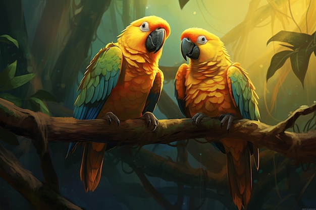 a couple of colorful birds on a branch