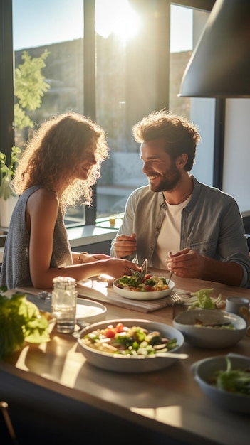 A couple connects over a healthy homemade meal in a sunlit modern kitchen