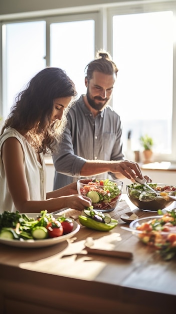 A couple connects over a healthy homemade meal in a sunlit modern kitchen