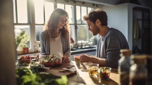 A couple connects over a healthy homemade meal in a sunlit modern kitchen