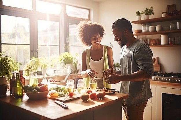 A couple connects over a healthy homemade meal in a sunlit modern kitchen