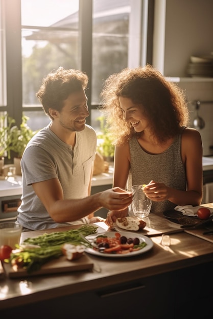 A couple connects over a healthy homemade meal in a sunlit modern kitchen