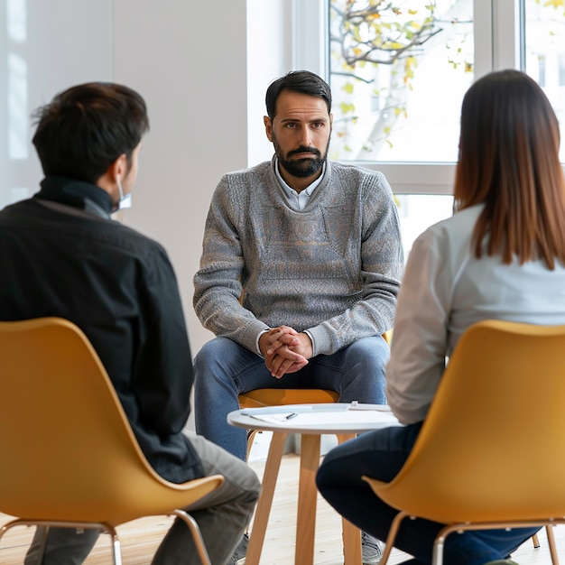 Photo couple consulting with male psychologist