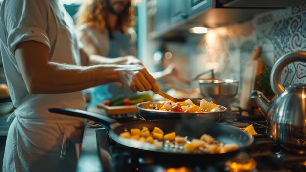 Couple cooking a romantic meal together in a modern kitchen highspeed macro style