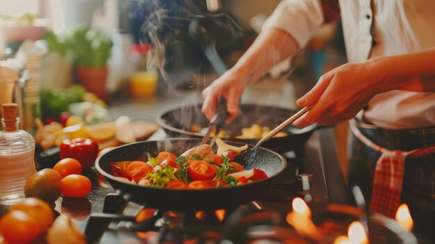 Couple cooking a romantic meal together in a modern kitchen highspeed macro style