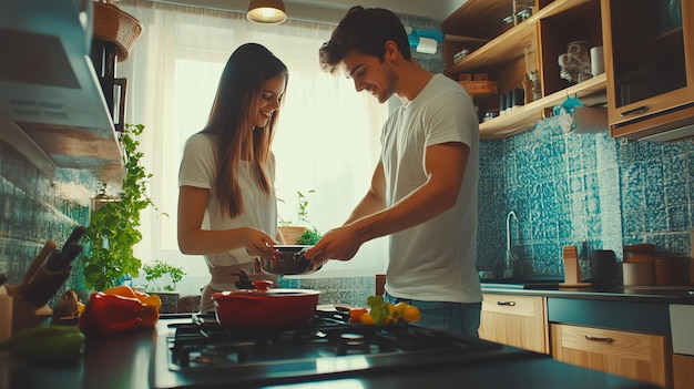 Couple cooking together in a kitchen smiling and laughing