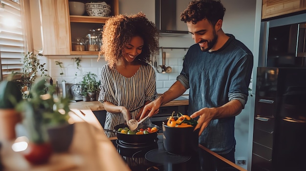 Photo a couple cooking together in a kitchen